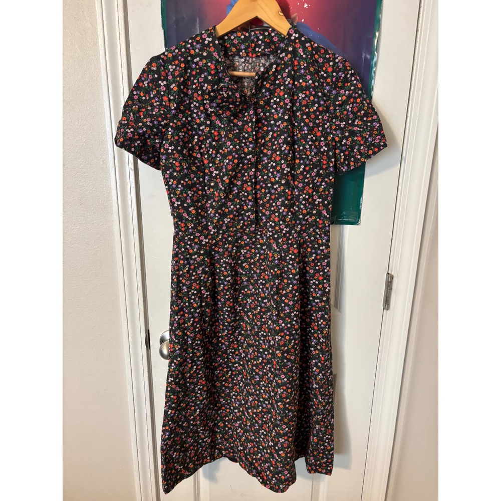 Vintage Floral Midi Dress Black Ditsy Flower Short Bow Collar 60s handmade